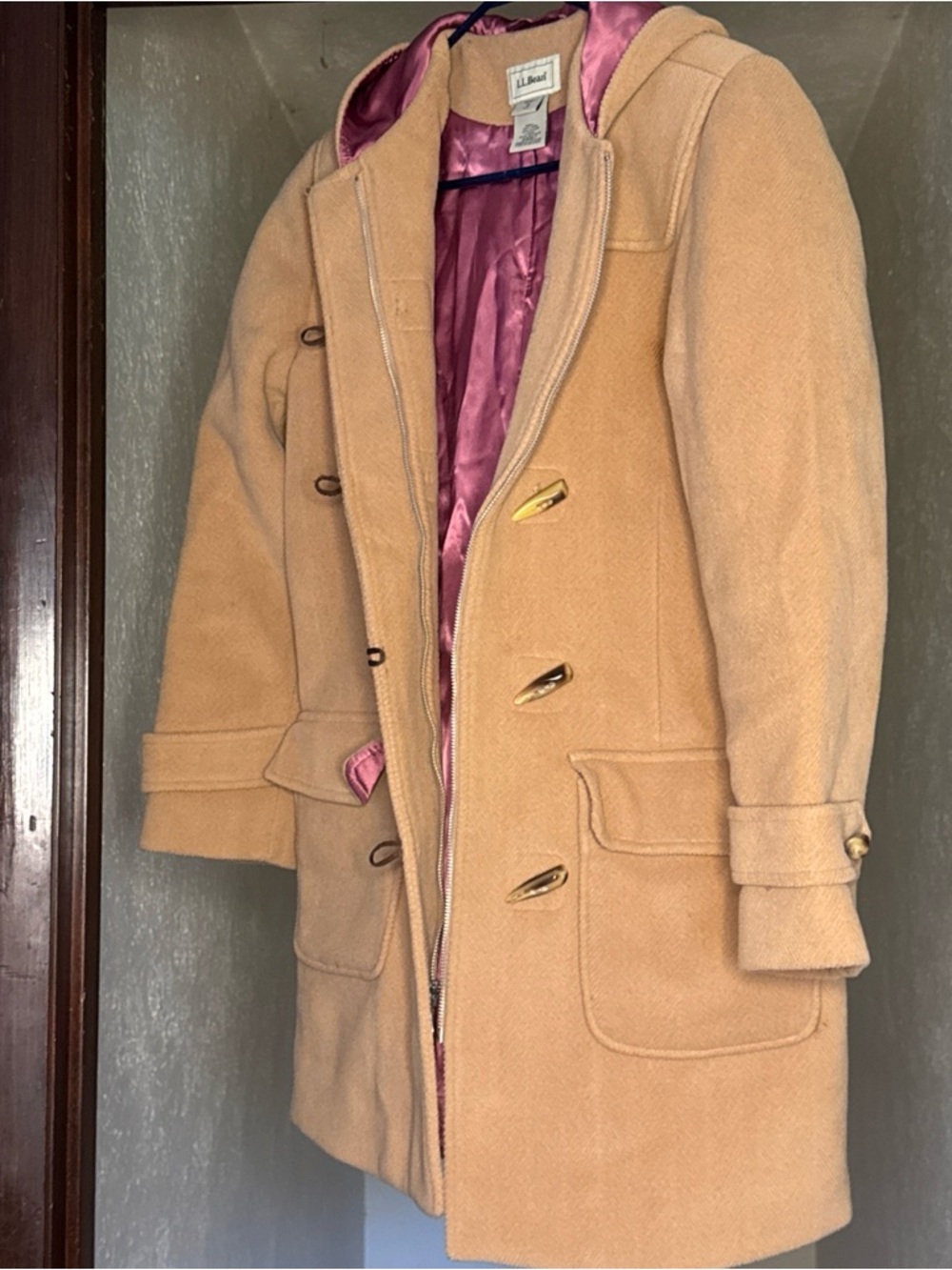 L.L. Bean Camel/Tan Wool-Blend Toggle Pea Coat with Pink Lining